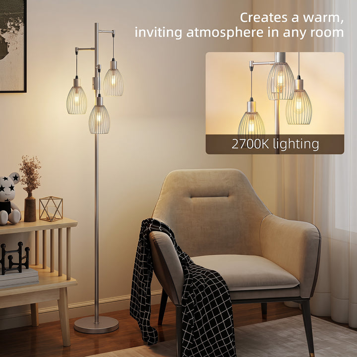 170.5cm Industrial Dimmable Standing Lamp, 3-Light Floor Lamp with Ste