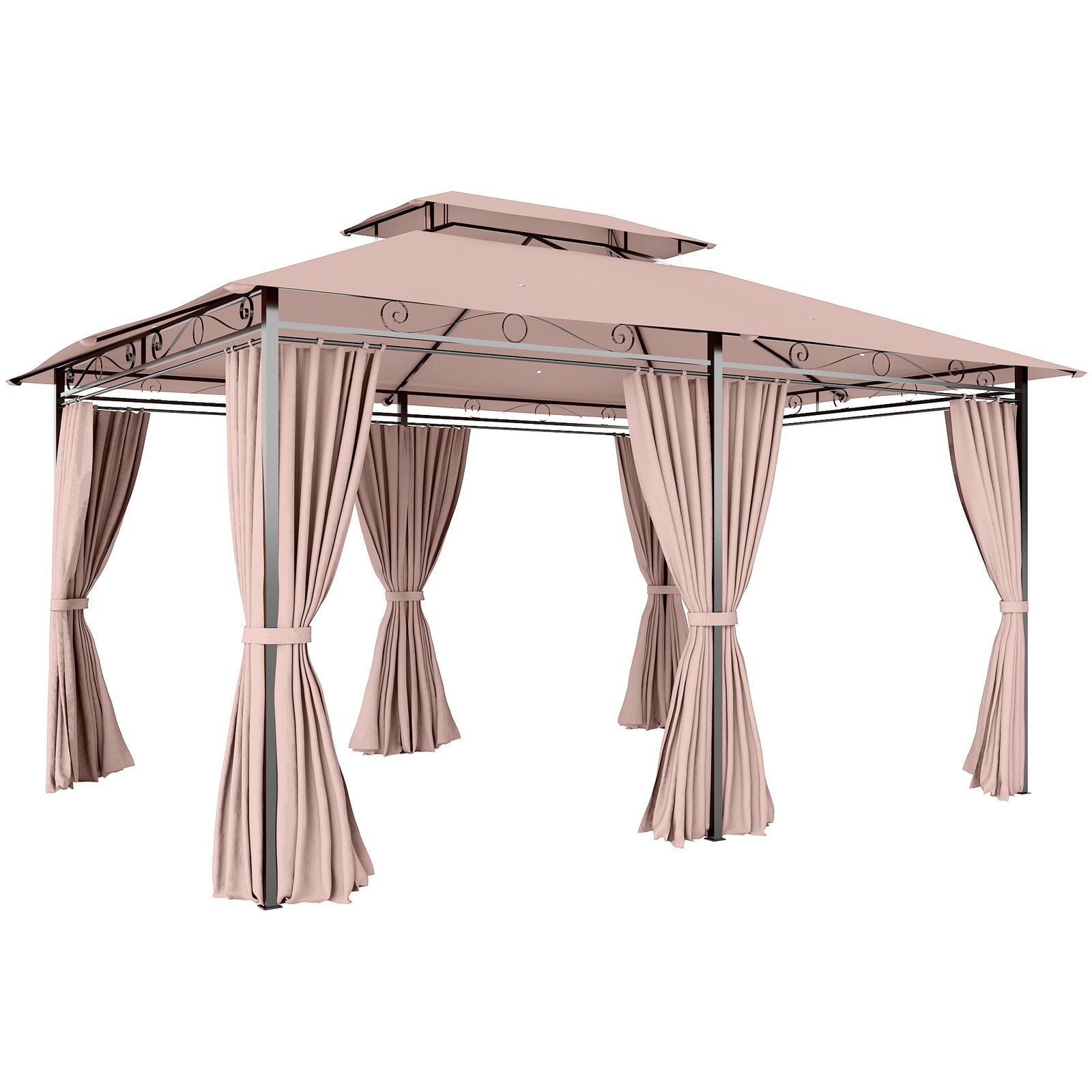 4m x 3(m)Garden Gazebo, Double Roof Outdoor Gazebo Canopy Shelter with Curtains, Solid Steel Frame for Patio, Garden, Brown