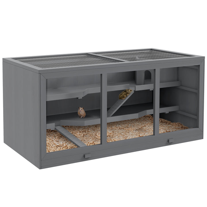 Wooden Hamster Cage, Small Animals Hutch with Tray, Openable Top, Exercise Play House Pen, 115L x 57W x 55Hcm, Grey