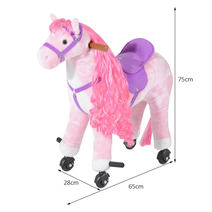 Plush Walking Horse Ride On Toy with Wheels and Realistic Sounds Rocking Horse for Girls Boys 2+ Years Old, 50cm Tall, Pink