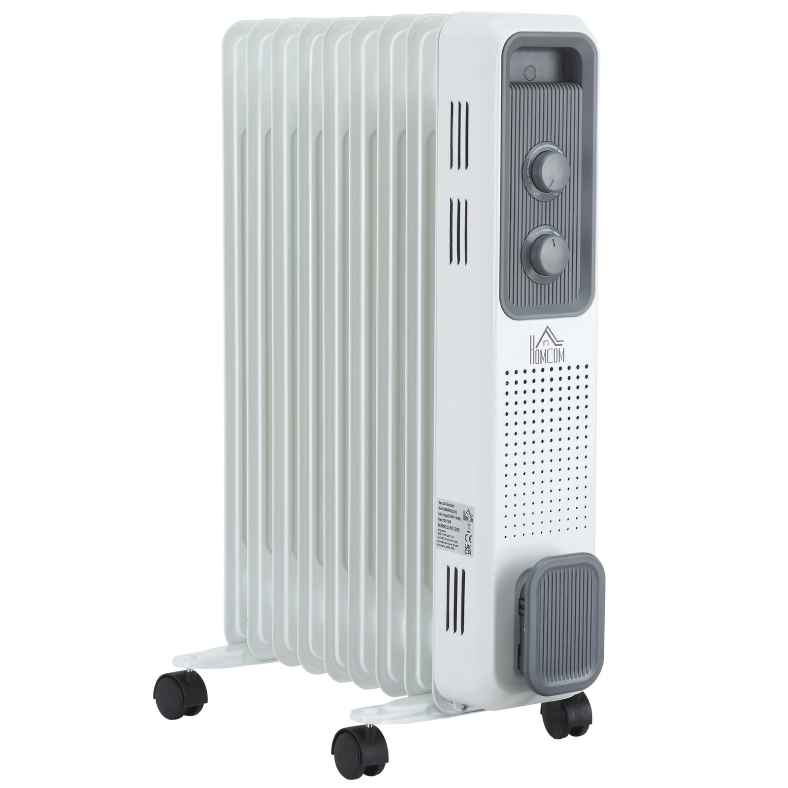 2000W Oil Filled Radiator, 9 Fin, Portable Electric Heater with 3 Heat Settings, Safety Cut-Off and Wheels, White