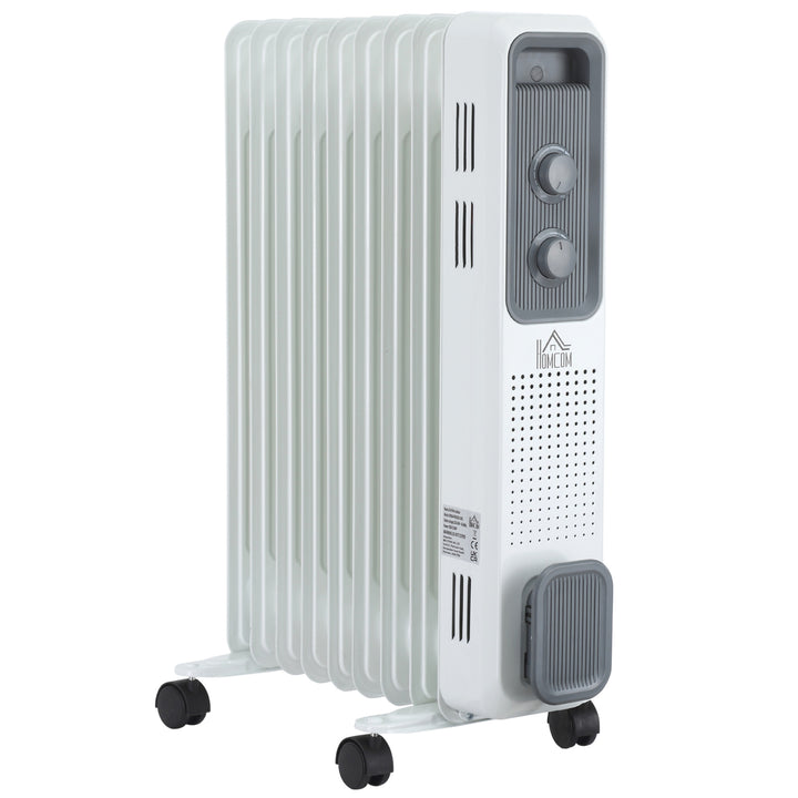 MCL 2000W Oil Filled Radiator, 9 Fin, Portable Electric Heater with 3 Heat Settings, Safety Cut-Off and Wheels, White