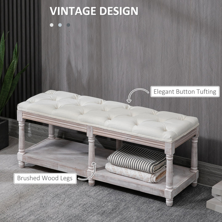 MCL 2-Tier Bed End Bench, Vintage Stool, Wooden Window Seat with Storage Shelf, Button Tufted Upholstered Footstool for Living Room, Bedroom, Entryway, Cream White