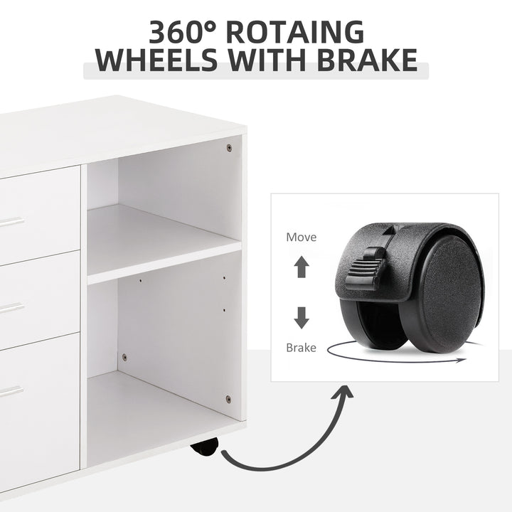 Freestanding Printer Stand Unit Office Desk Side Mobile Storage w/ Wheels 3 Drawers, 2 Open Shelves Modern Style 80L x 40W x 65H cm - White