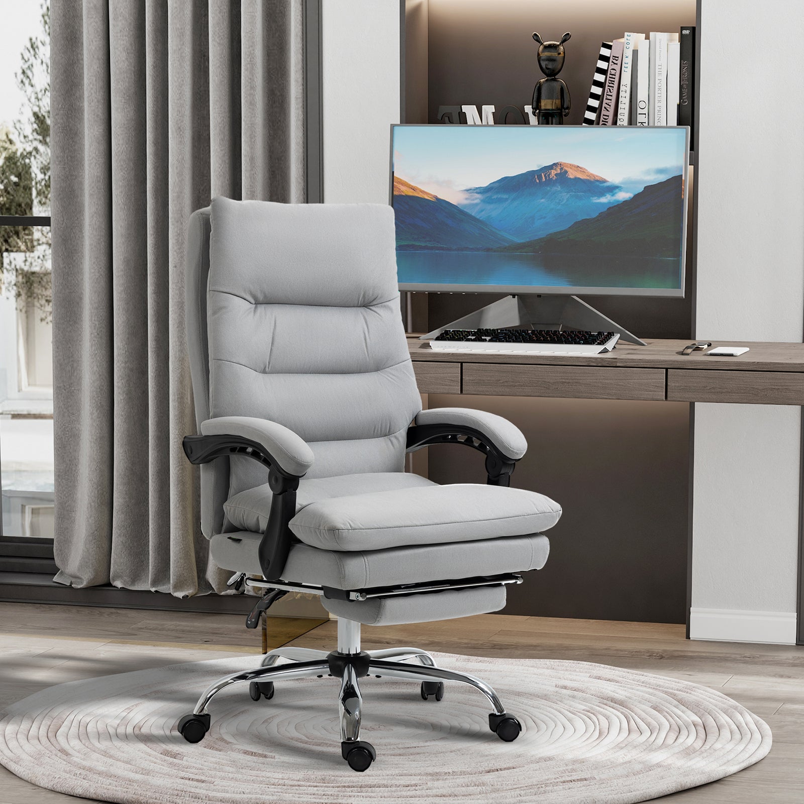Office Chair with Footrest, Double Padding Ergonomic Desk Chair with 6-Point Vibration Massage and Back Heating, Microfibre Fabric with 135° Reclining Back, Grey