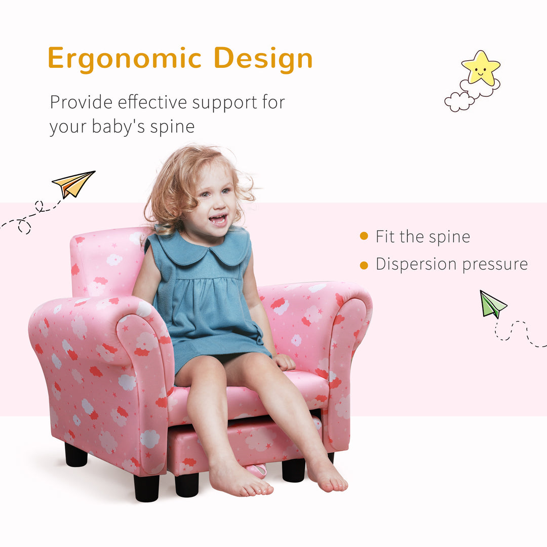 HOMCOM Kids Children Armchair Mini Sofa Wood Frame w/ Footrest Anti-Slip Legs High Back Arms Bedroom Playroom Furniture Cute Cloud Pink | Aosom UK