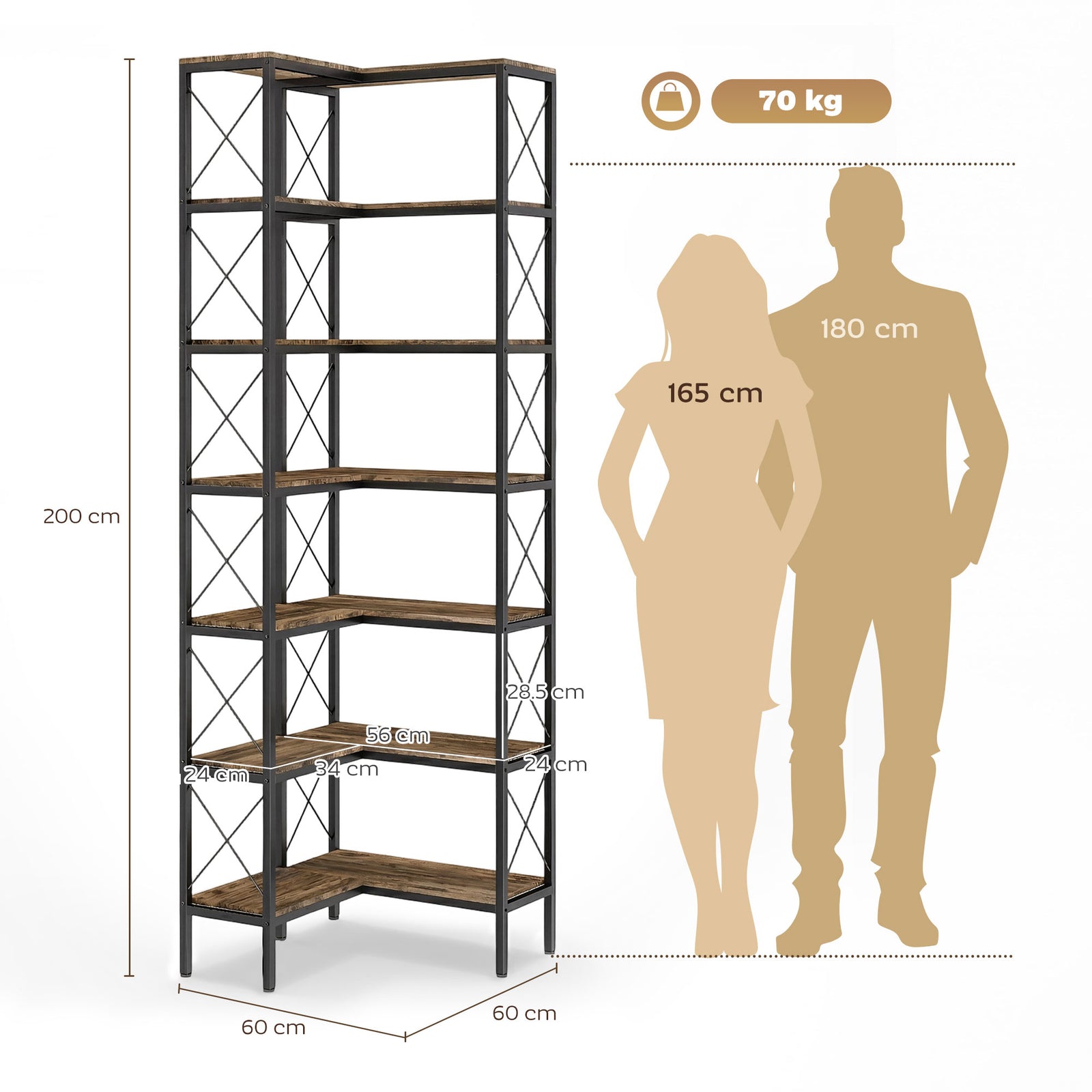 6-Tier L-Shaped Bookshelf, Freestanding Corner Bookcase with Metal Fra