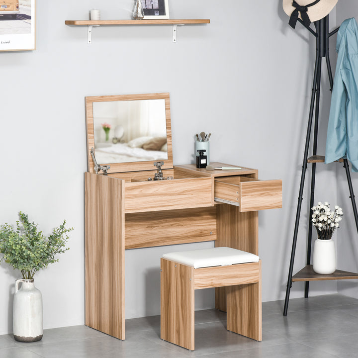 Dressing Table with Flip-Up Mirror and Cushioned Stool, Makeup Vanity Desk with Hidden Compartments and Storage Drawer, Convertible Writing Table for Bedroom, Natural