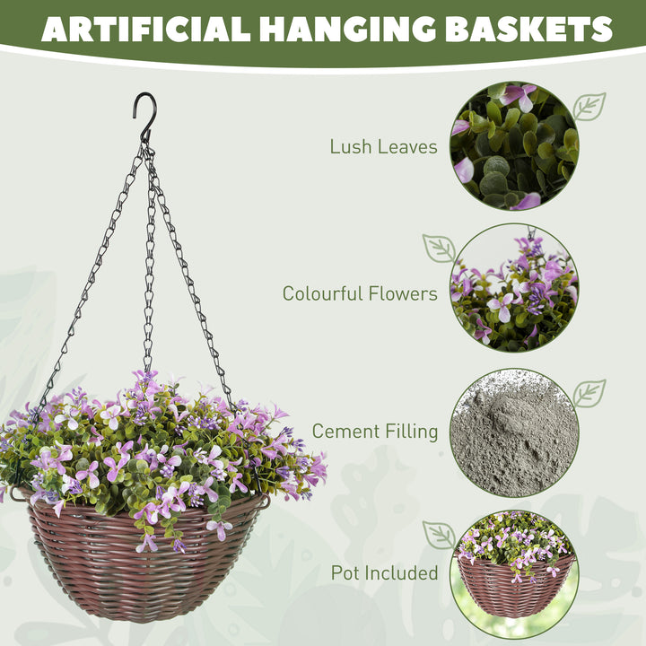 Artificial Flowers in Basket Set of 2, Artificial Hanging Baskets with 75 Leaves and 15 Flowers in Pot, Decorative Plant for Home Office Decor, Purple