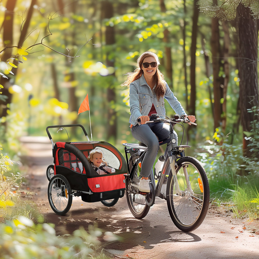 2 Seat Bike Trailer with 5 Point Harness, Baby Bike Stroller with Safety Flag, Reflectors, for 18+ Months, Red