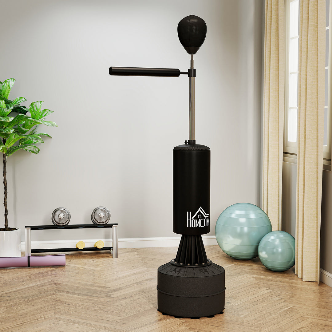 MCL 155-205cm 3-IN-1 Freestanding Boxing Punching Bag Stand, Boxing Speed Trainer with Rotating Flexible Arm, Speed Ball, Fillable Base, Black