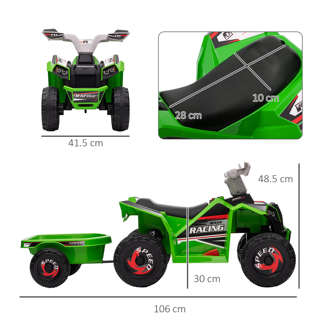 HOMCOM 6V Quad Bike with Back Trailer, Wear-Resistant Wheels, for Ages 18-36 Months, Green | Aosom UK