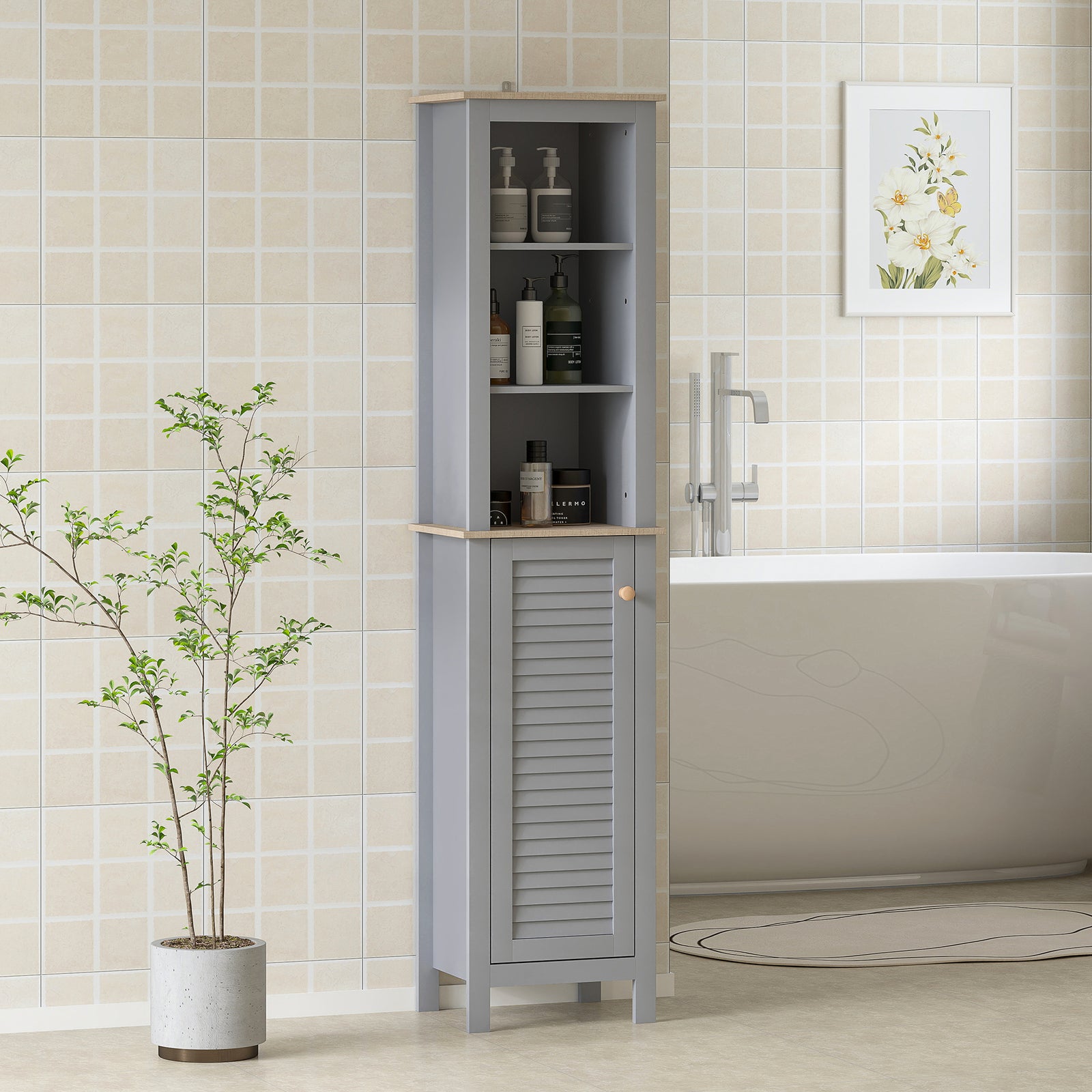 Bathroom Floor Storage Cabinet with 3 Tier Shelf and Cupboard with Door, Free Standing Linen Tower, Tall Slim Side Organizer Shelves, Grey