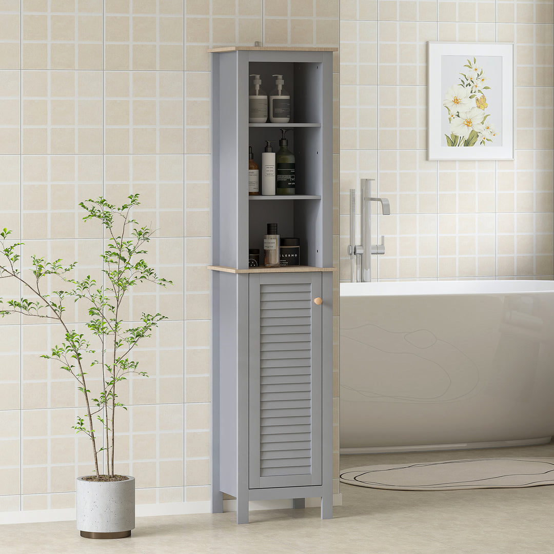 MCL Bathroom Floor Storage Cabinet with 3 Tier Shelf and Cupboard with Door, Free Standing Linen Tower, Tall Slim Side Organizer Shelves, Grey