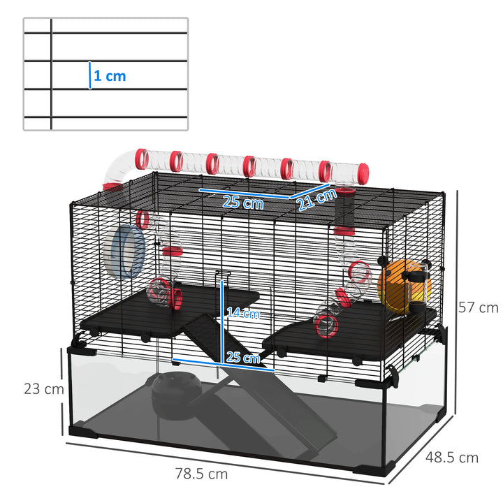Gerbil Cage, Dwarf Hamster Cage, with Deep Glass Bottom, Tunnels, Ramps, Hut, Exercise Wheel, 78.5 x 48.5 x 57cm