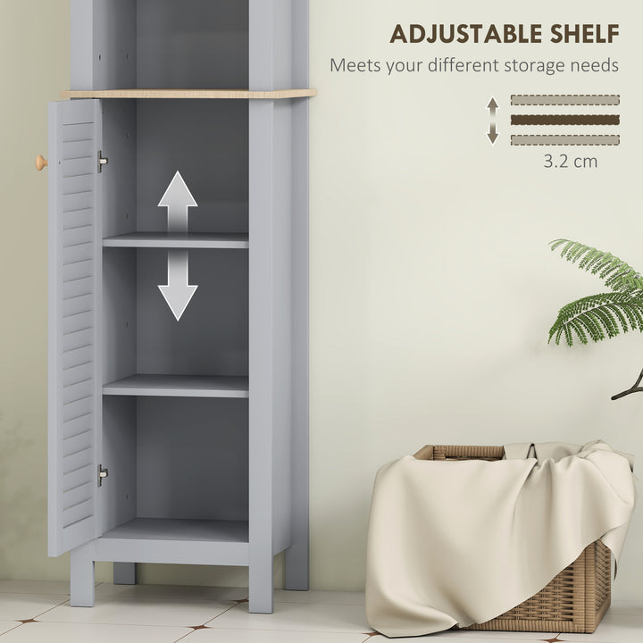 Bathroom Floor Storage Cabinet with 3 Tier Shelf and Cupboard with Door, Free Standing Linen Tower, Tall Slim Side Organizer Shelves, Grey