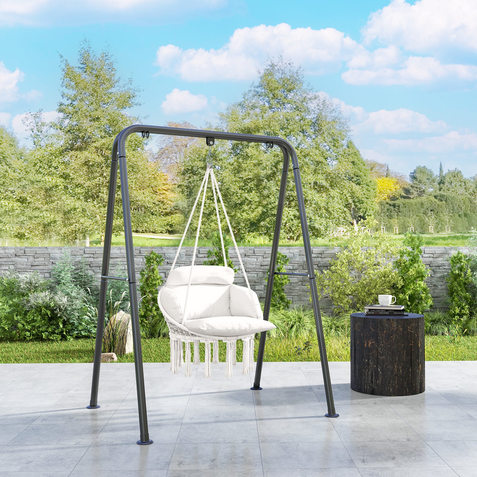 Hanging Chair Outdoor Hammock Chair with Soft Cushion, Cotton Rope Boho Style Swing Chair, Hanging Garden Swing Seat for Indoor Outdoor, Cream White