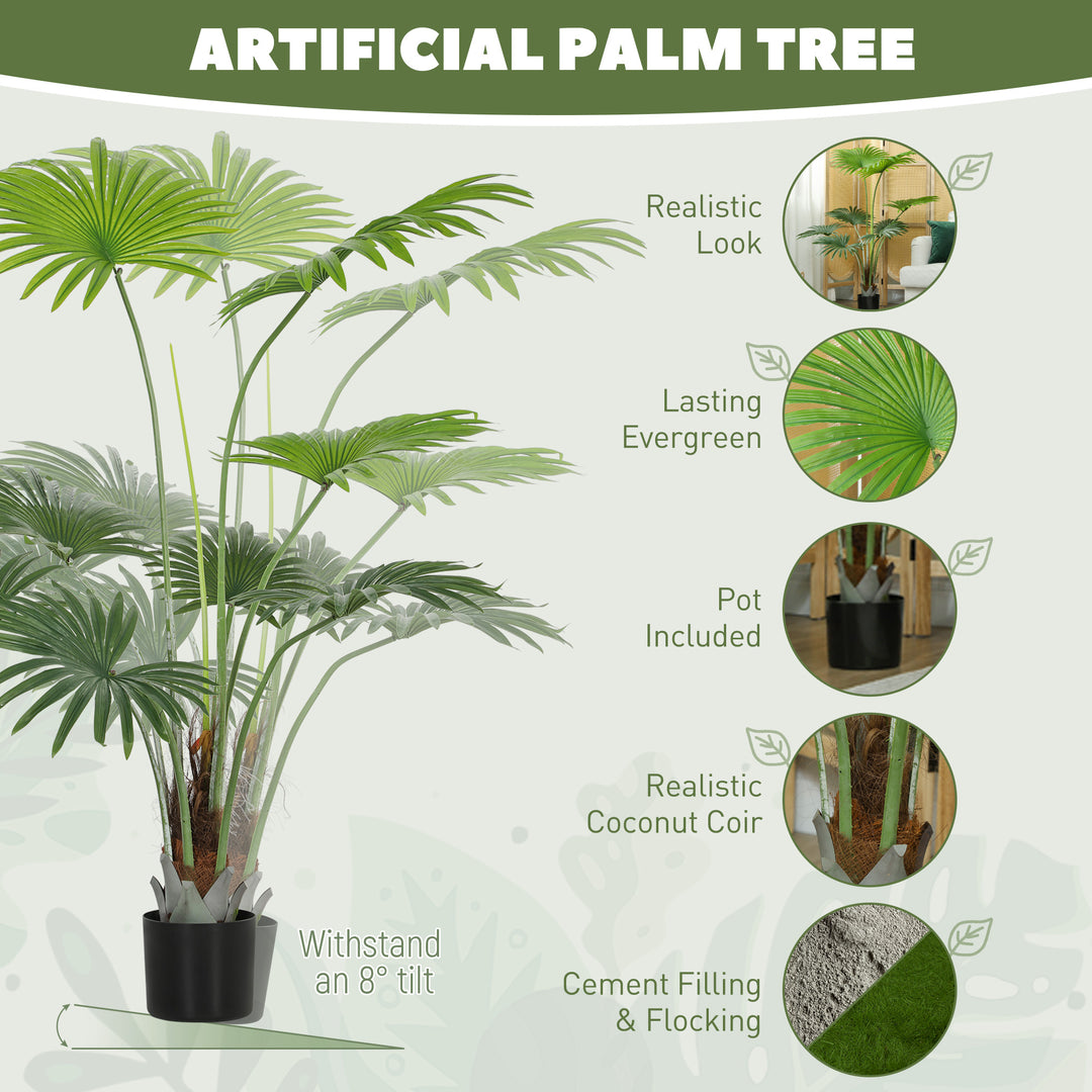 145cm Artificial Palm Tree, Decorative Artificial Plant with Lifelike PEVA Leaves and Coconut Coir, Fake Tree with Plastic Pot and Flocking for Home Office Decor, Green
