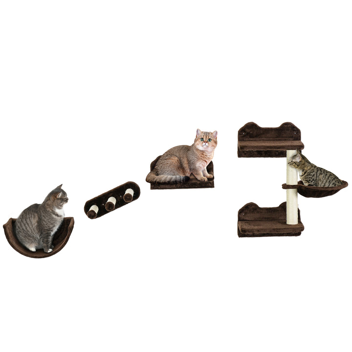 PawHut 4PCs Wall-Mounted Cat Shelves w/ Scratching Post, Hammock, Nest - Brown