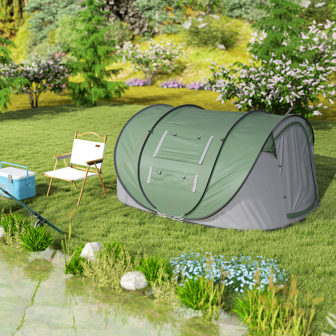 4 Person Pop-up Camping Tent Family Tent with Ground Sheet, 4 Windows and Portable Carry Bag for Beach Outdoor Trip, Dark Green
