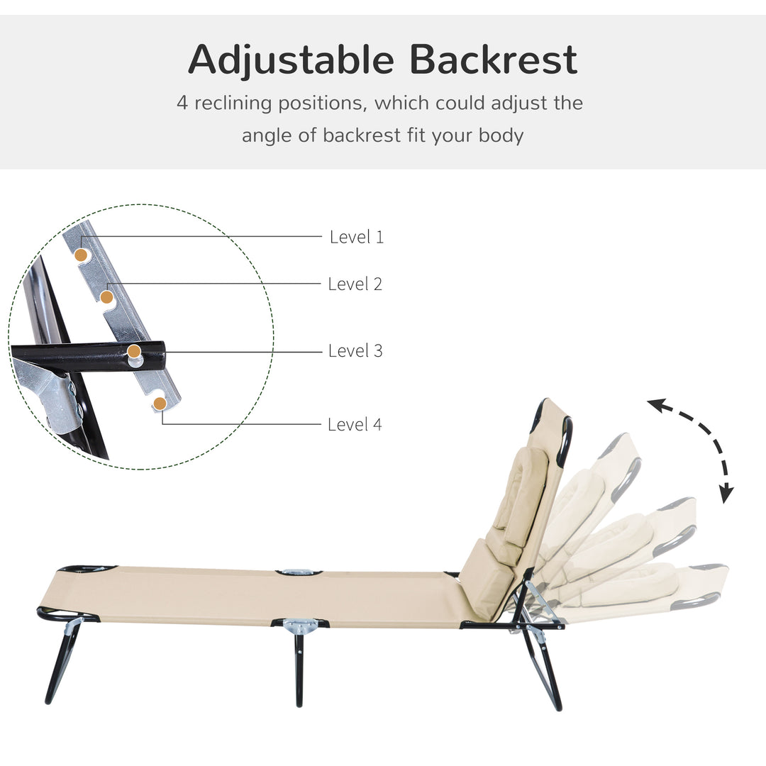Outdoor Folding Sun Lounger with Face Hole, 4 Level Adjustable Backrest Reclining Garden Lounger, Garden Recliner Sunbed with 600 D Oxford Cloth Seat and Pillow for Beach, Beige