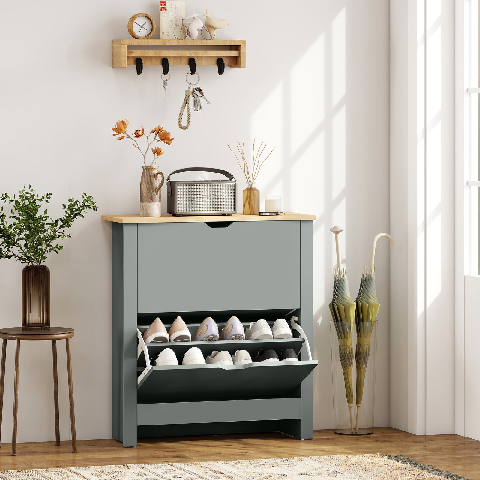 Slim Shoe Cabinet, Narrow Shoe Cupboard with 2 Flip Drawers, Adjustabl