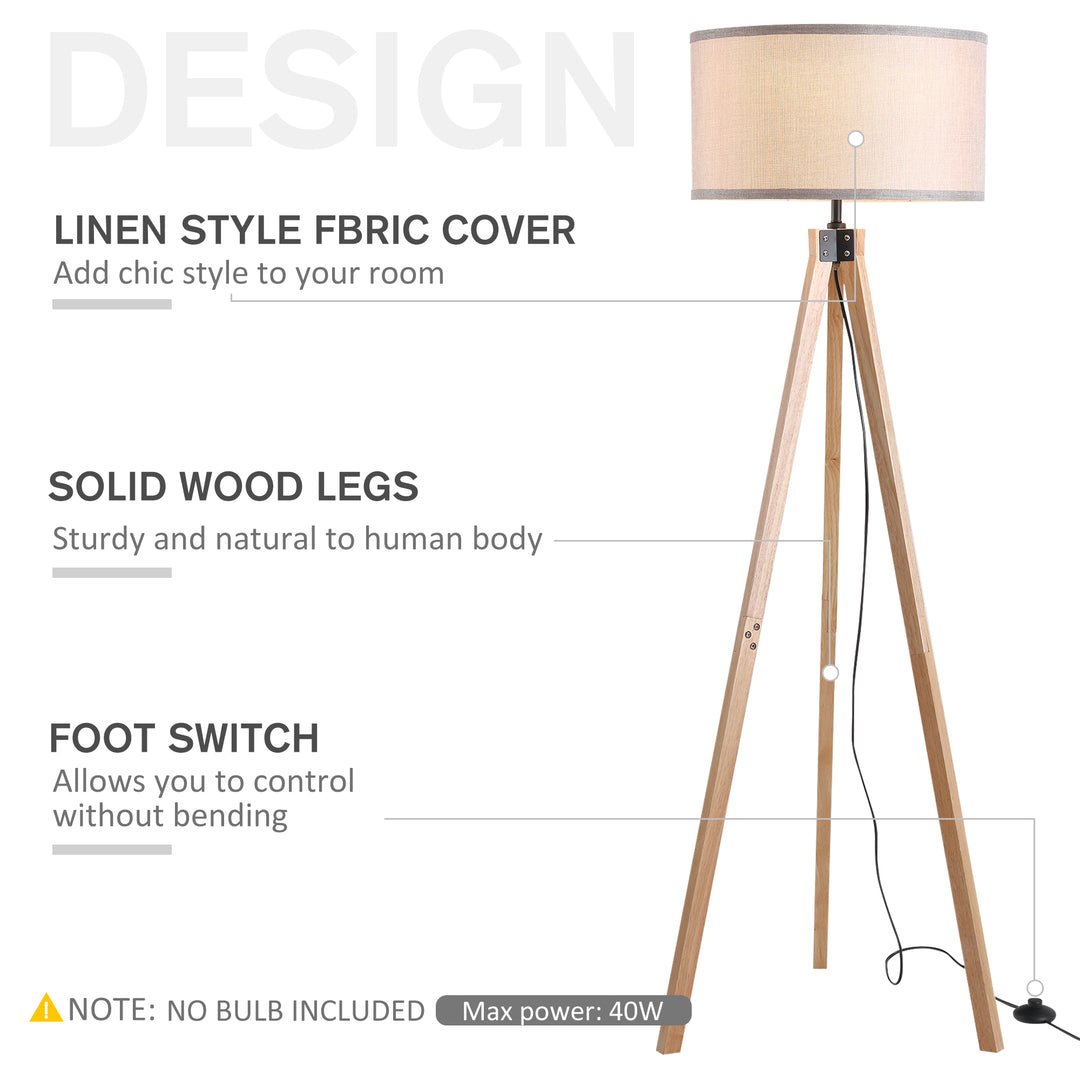 HOMCOM Floor Standing Lamp, Floor Lights with Cylinder Shaped Linen lampshade, Tripod-Style Wooden Base, Brown and Beige | Aosom UK