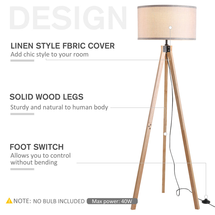 HOMCOM Floor Standing Lamp, Floor Lights with Cylinder Shaped Linen lampshade, Tripod-Style Wooden Base, Brown and Beige | Aosom UK