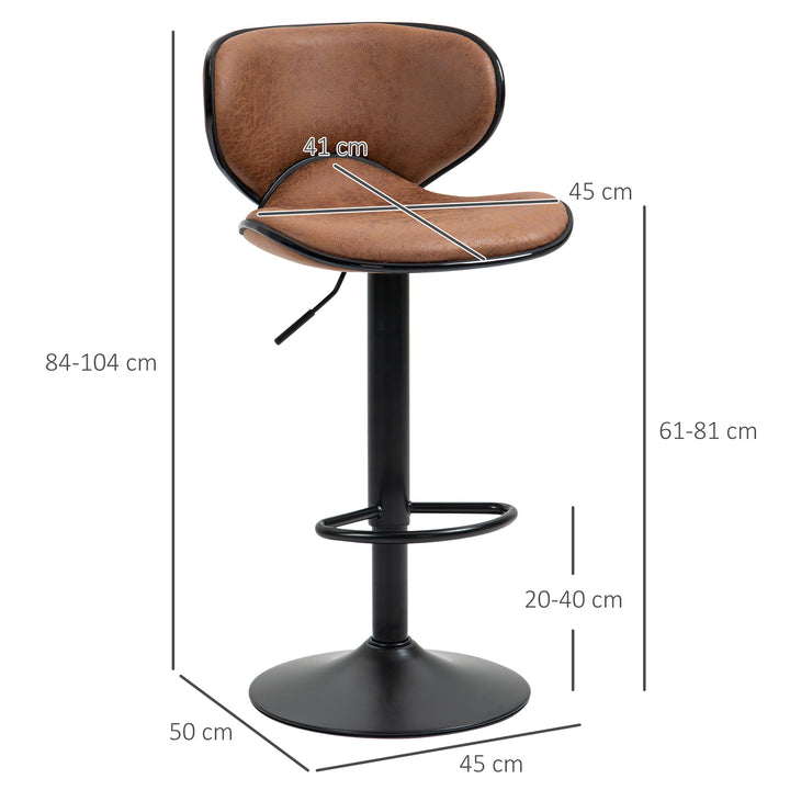 HOMCOM Bar Stool Set of 2 Microfiber Cloth Adjustable Height Armless Chairs with Swivel Seat, Brown | Aosom UK