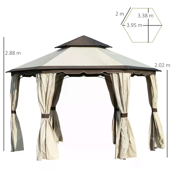 Outsunny 3.4m Steel Gazebo Canopy Party Tent Garden Pavilion Patio Shelter with Curtains & 2 Tier Roof, Beige