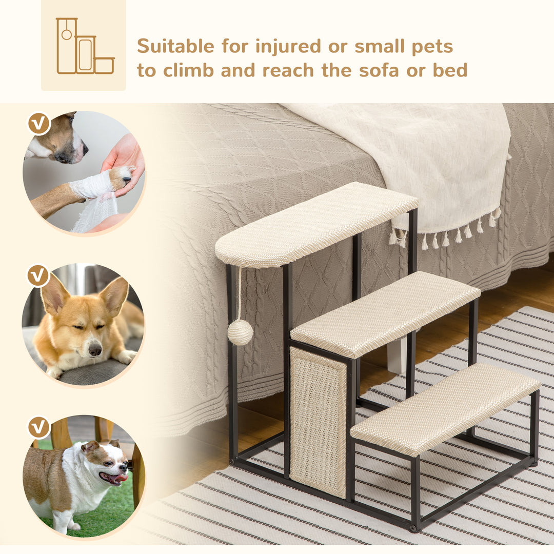 Three-Step Pet Stairs, with Sisal Scratching Board, Toy Hanging Ball, Steel Frame