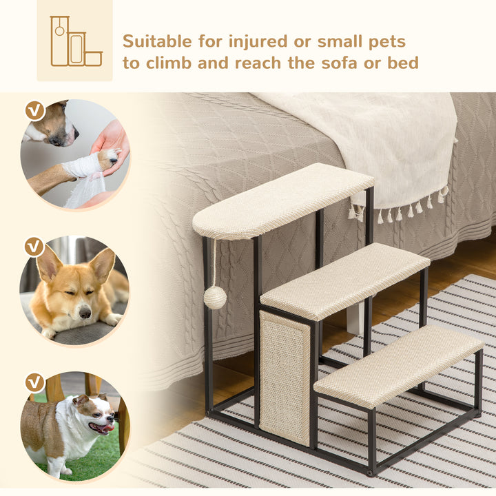 Three-Step Pet Stairs, with Sisal Scratching Board, Toy Hanging Ball, Steel Frame