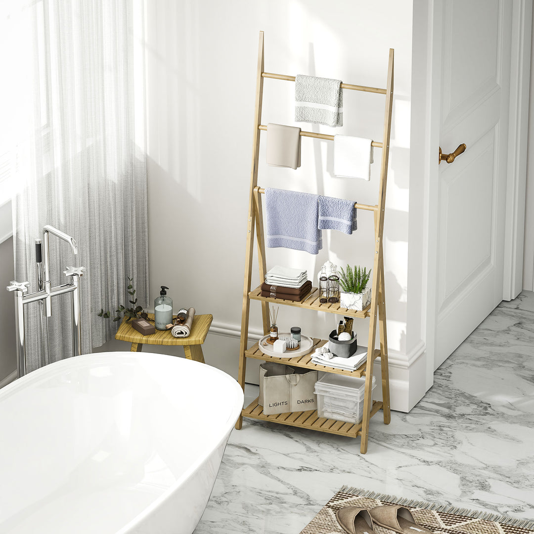Three-Shelf Bamboo Storage Unit, with Towel Racks - Natural Finish