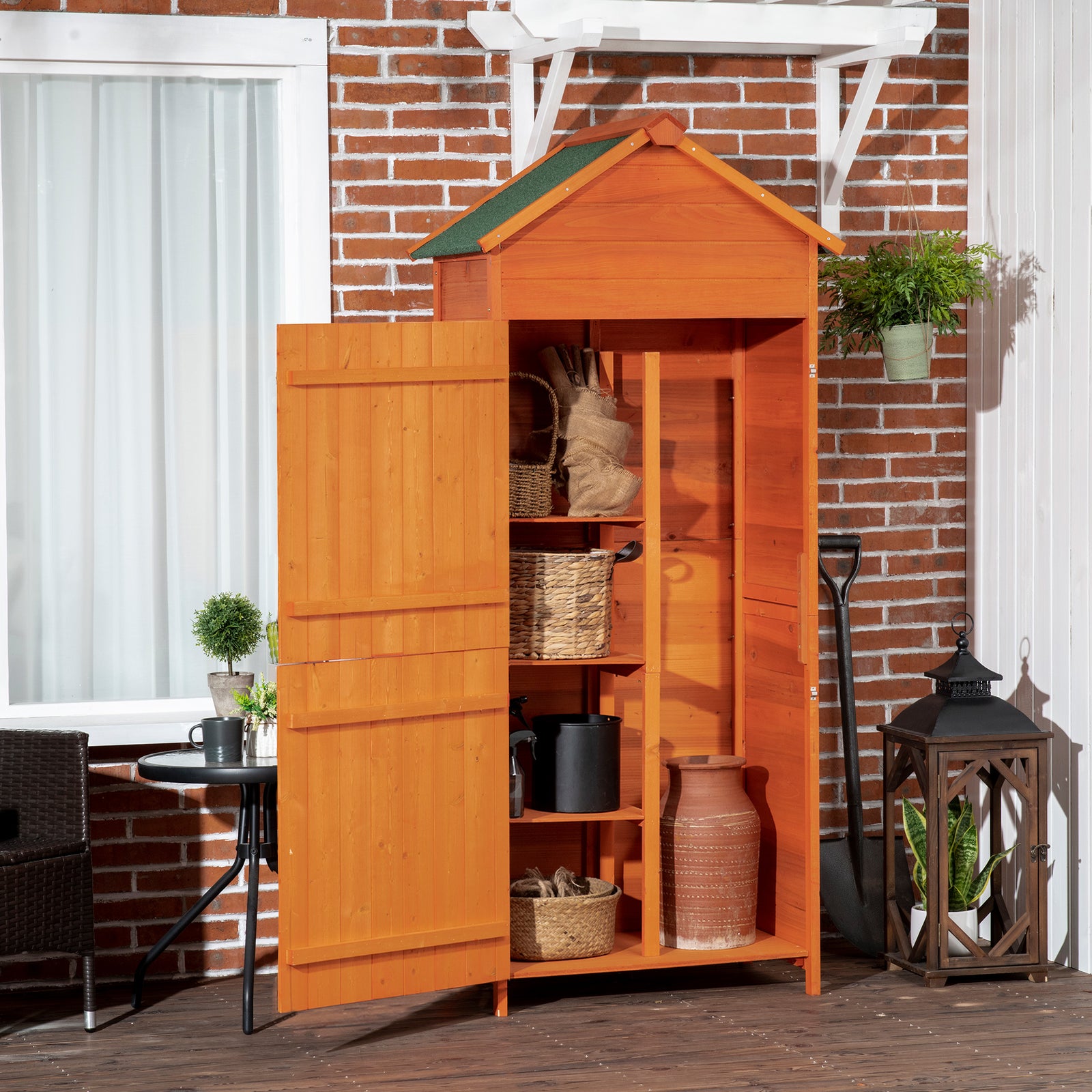 Wooden Outdoor Storage Shed, Compact Utility Outdoor Tool Shed with Lockable Double Doors and Shelves, Orange
