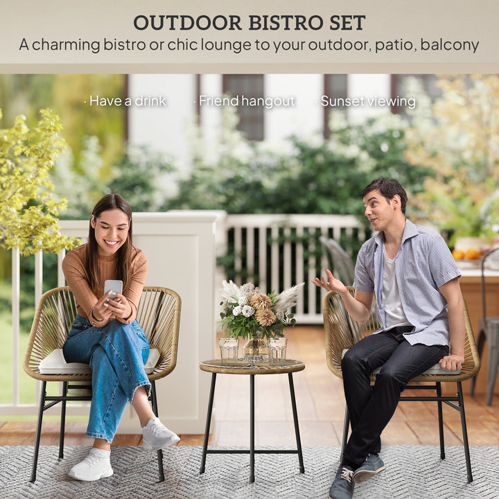 3 Pieces Rattan Bistro Set, Wicker Small Garden Table and Chairs Set with Cushions and Glass Top Coffee Table, Bistro Garden Furniture Set for Outdoor, Patio, Balcony, Natural