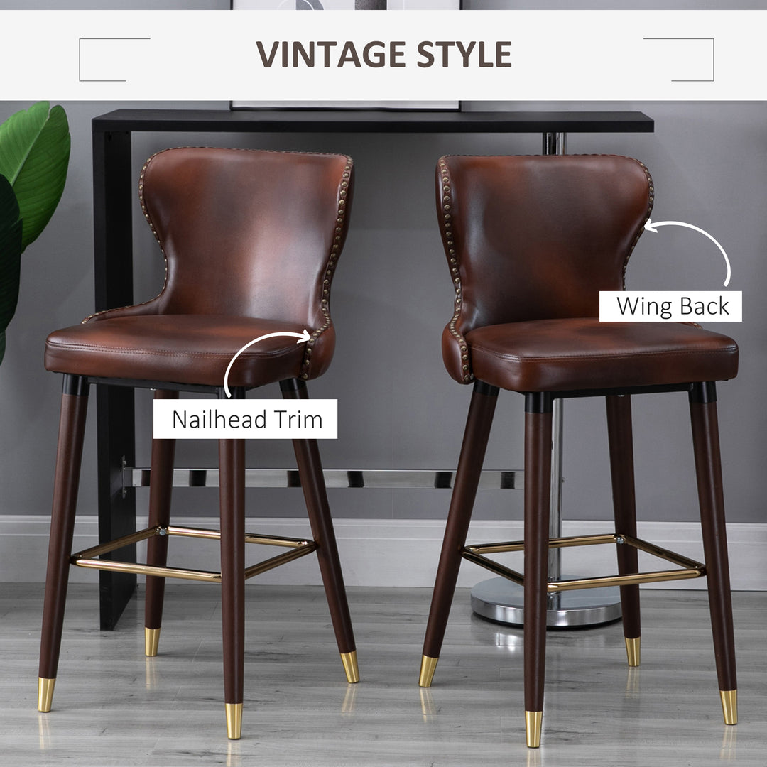 HOMCOM Bar Chair Set of 2, PU Leather Vintage Counter-Height Bar Stool, Luxury European Style Kitchen Stools with Back, Brown | Aosom UK