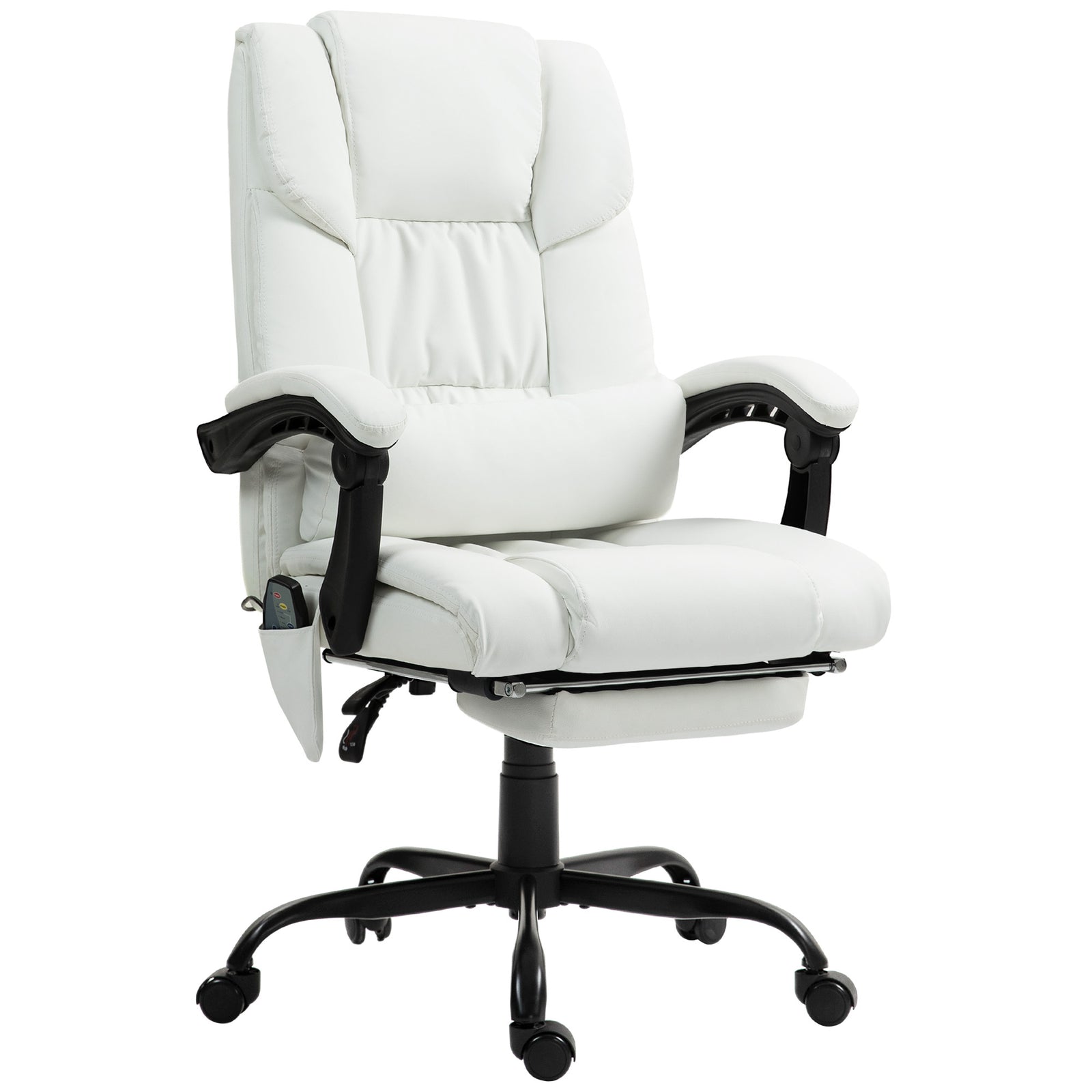 6-Point Massage Office Chair, PU Leather Desk Chair with Adjustable Height and Footrest for Home Office, White