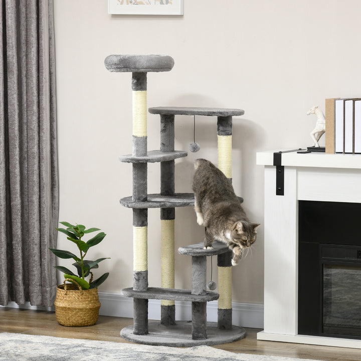 PawHut Modern Cat Tree for Indoor Cats, 136cm Tower with Scratching Posts, Bed, Toy Ball, Grey