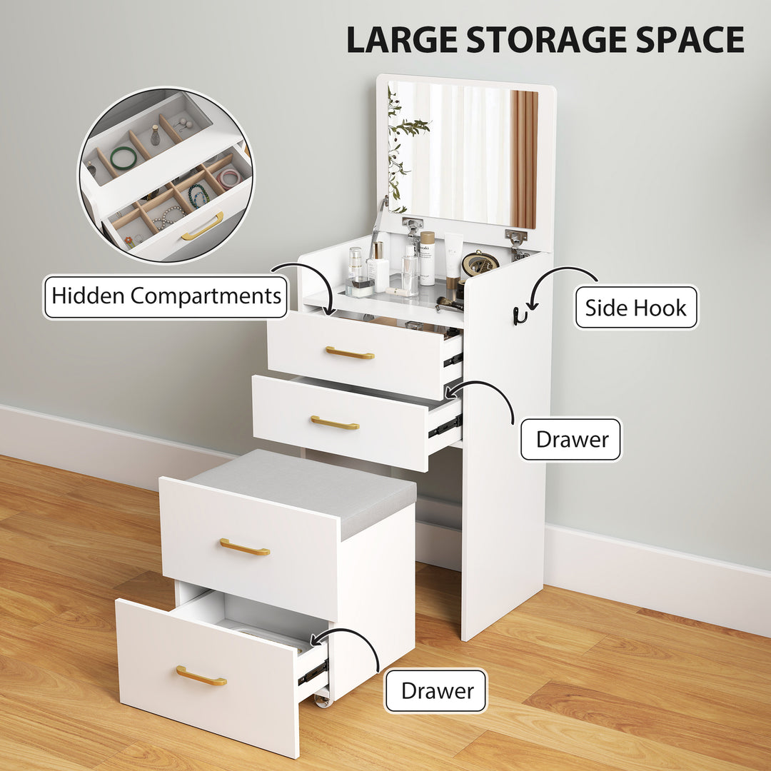 3 in 1 Dressing Table with Flip-top Mirror and Rolling Stool, Modern Vanity Desk with Visible Glass Tabletop, Drawers and Side Hook, Makeup Table with Cushioned Storage Stool for Bedroom, White