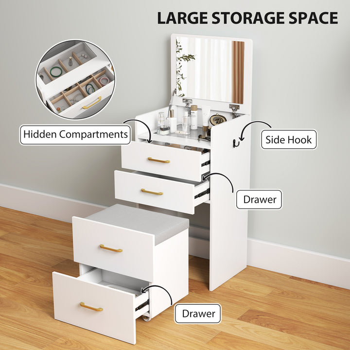 3 in 1 Dressing Table with Flip-top Mirror and Rolling Stool, Modern Vanity Desk with Visible Glass Tabletop, Drawers and Side Hook, Makeup Table with Cushioned Storage Stool for Bedroom, White