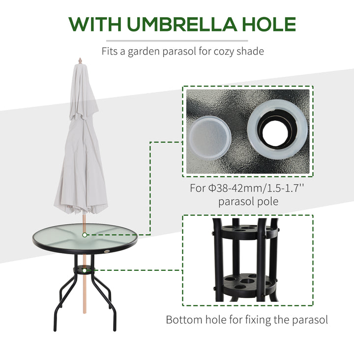 80 cm Round Garden Dining Table with Parasol Hole for 4, Outdoor Coffee Bistro End Side Table with Tempered Glass Top and Steel Frame for Patio, Porch, Black