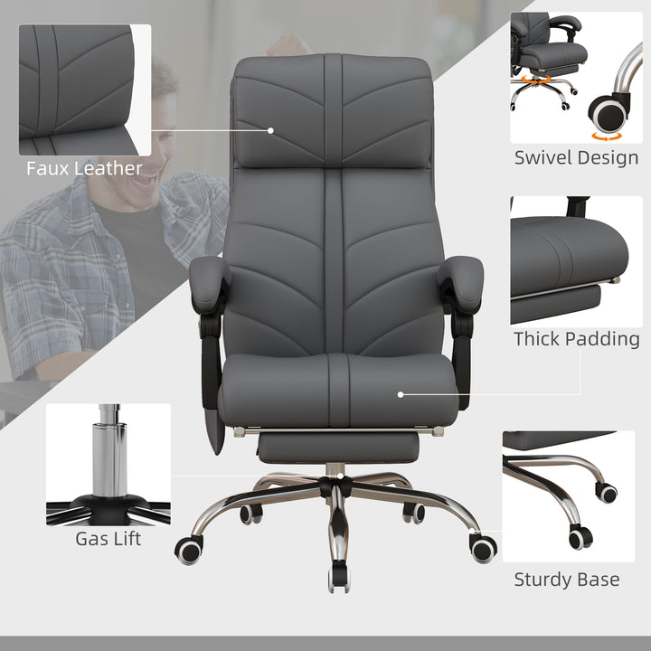High Back Vibration Massage Office Chair, Heated Reclining PU Leather Computer Chair with Footrest, Grey