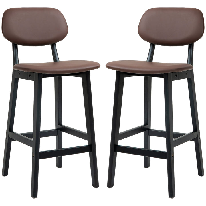 HOMCOM Bar Stools Set of 2, Modern Breakfast Bar Chairs, Faux Leather Upholstered Kitchen Stools with Backs and Wood Legs, Brown | Aosom UK