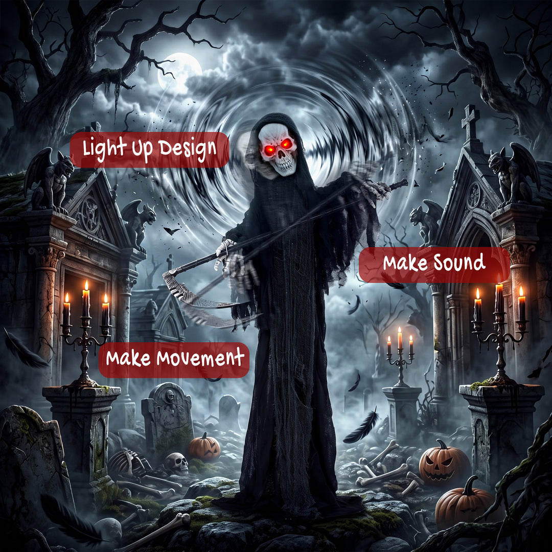183cm Life Size Animated Grim Reaper Halloween Decoration, Scary Hallo
