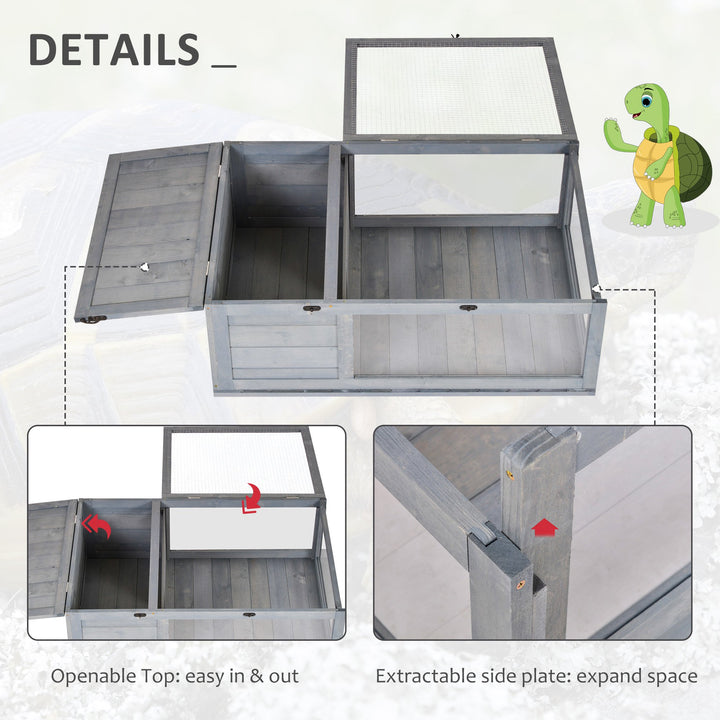 PawHut Tortoise House with Mesh Roof, Small Pet Reptile Wooden House, Tortoise Enclosure with Pulled-out Side Panel for Indoor, Outdoor, Grey