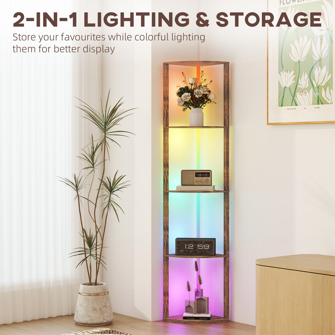 RGB LED Floor Lamp with Shelves, 5-Tier Dimmable Standing Lamp with Adjustable Brightness and Remote Control, Modern Corner Display Shelf Unit for Living Room Bedroom Office, Rustic Brown