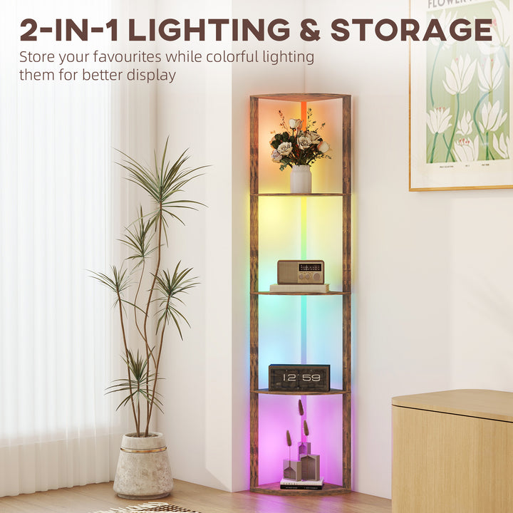 RGB LED Floor Lamp with Shelves, 5-Tier Dimmable Standing Lamp with Adjustable Brightness and Remote Control, Modern Corner Display Shelf Unit for Living Room Bedroom Office, Rustic Brown