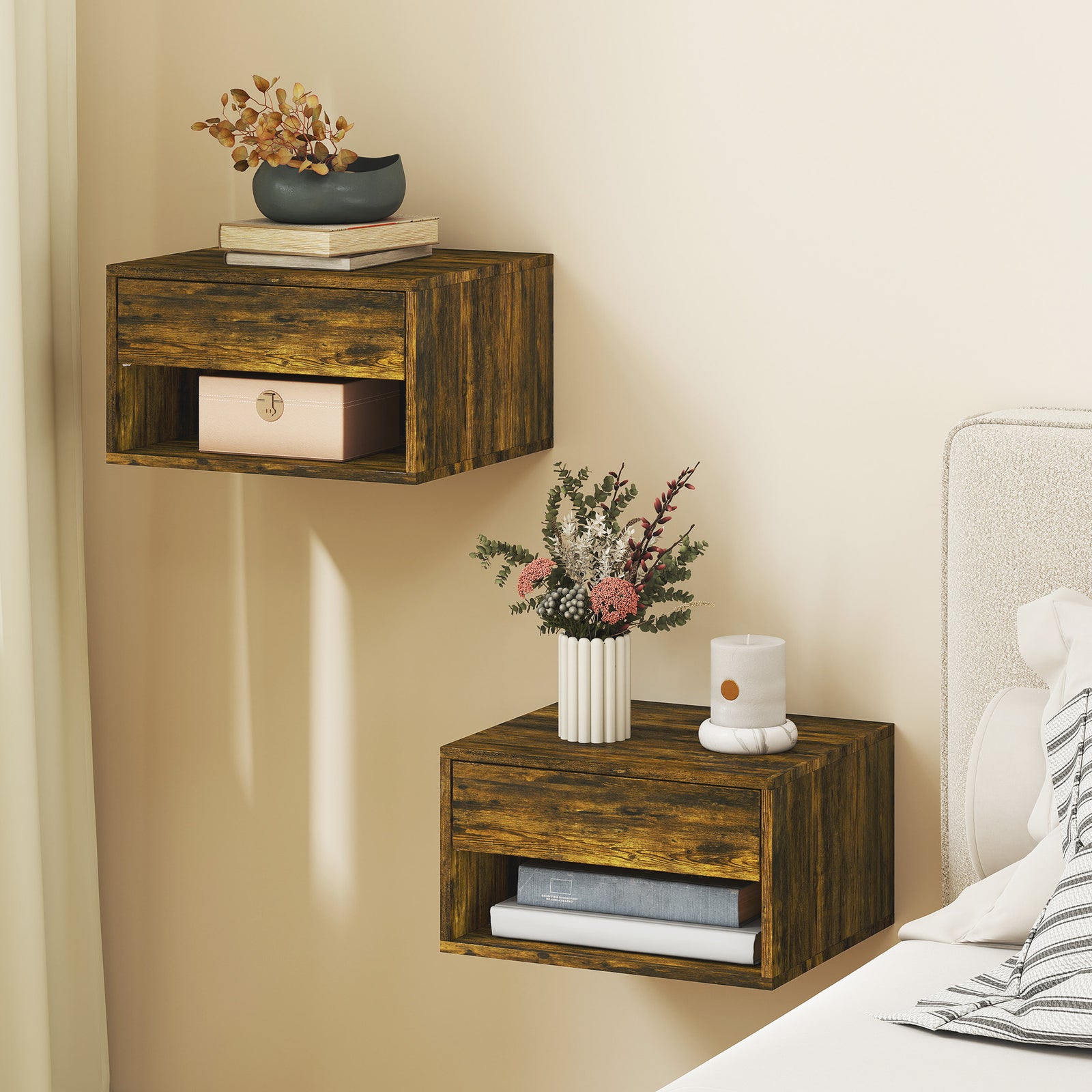Set of Two Floating Bedside Tables - Rustic Brown