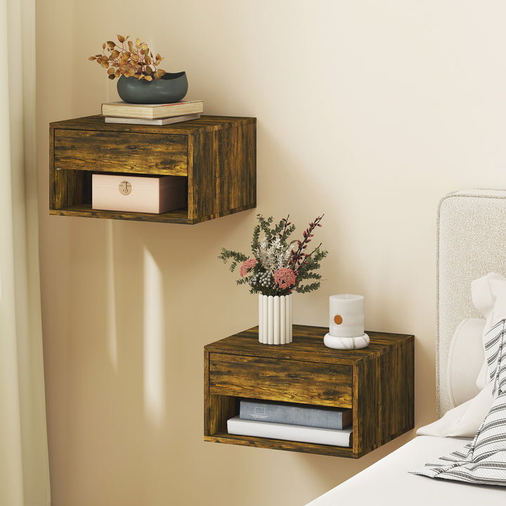 Set of Two Floating Bedside Tables - Rustic Brown