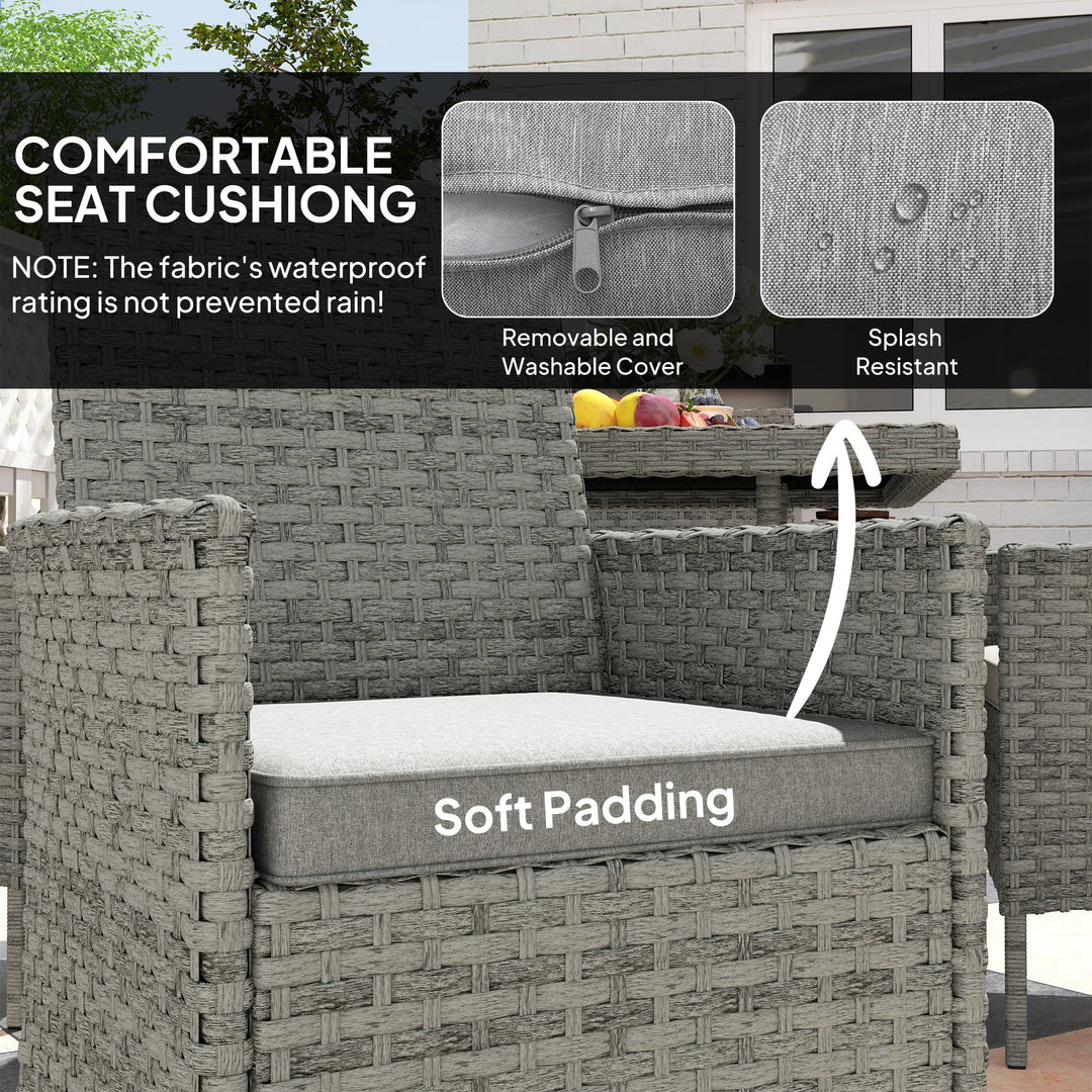 Rattan Garden Furniture Set, Outdoor Dining Table and Chairs 4 Seater with Cushions, Square Tempered Glass Top, 4 Armchairs, for Balcony, Terrace, Conservatory, Grey